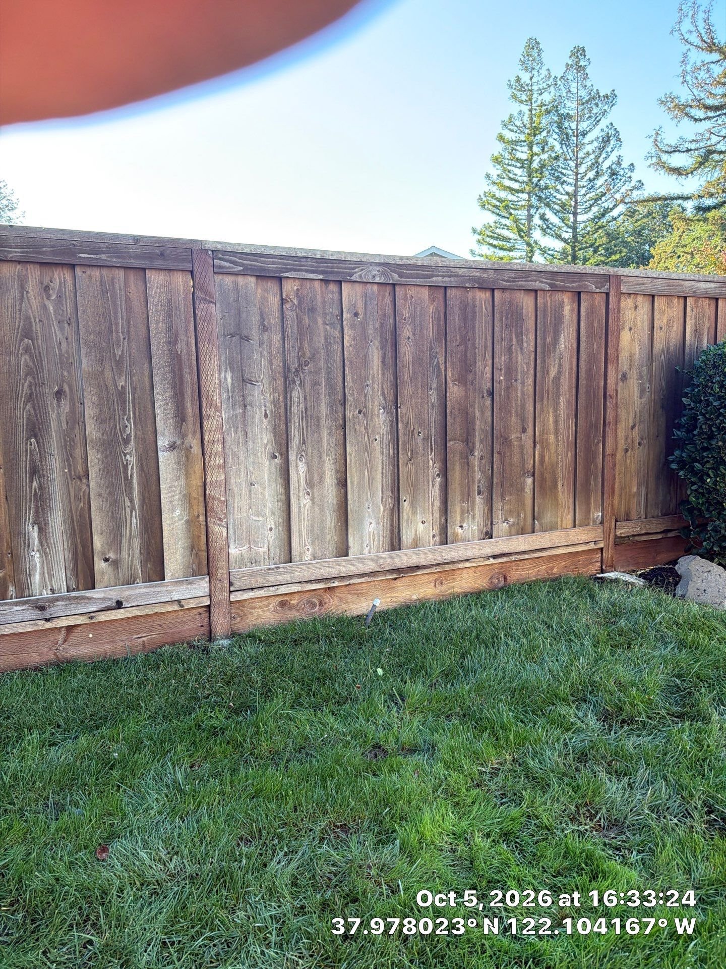 Weathered redwood fence showing gray UV-damaged surface before cleaning